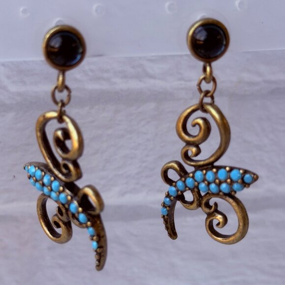 Vintage Y2K Chico’s Turquoise Brass Scroll Drop Earrings with Blue Stone Accents - Picture 7 of 7